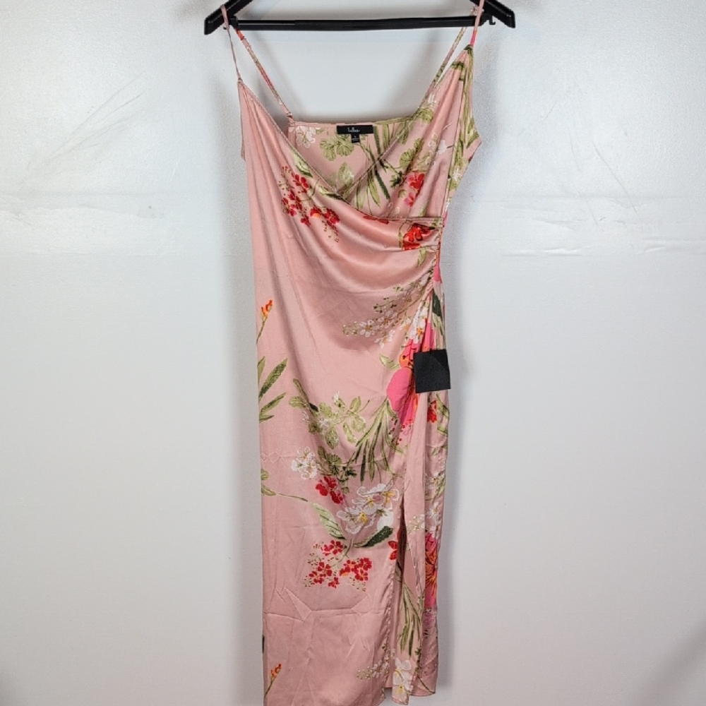 Lulus NWT Remarkable Entrance Pink Floral Print Satin Midi Dress